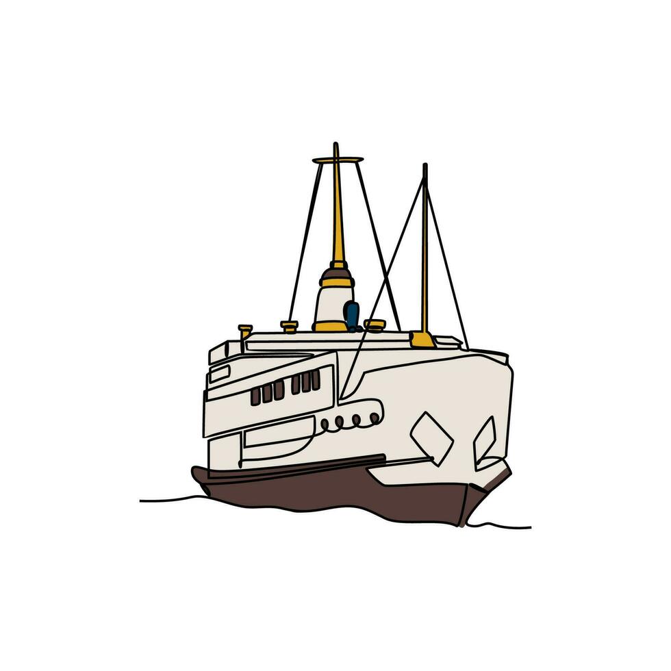 uno continuo línea dibujo de vehículo entra a el barco. mar vehículo en sencillo lineal estilo. transporte diseño concepto vector ilustración