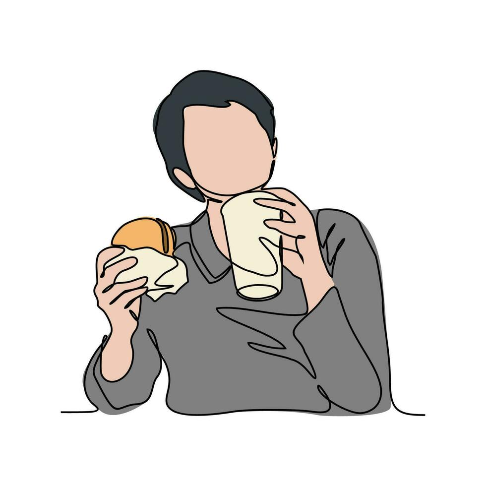 uno continuo línea dibujo de un personas comiendo un hamburguesa. comida ilustración en sencillo lineal estilo. comida diseño concepto vector ilustración