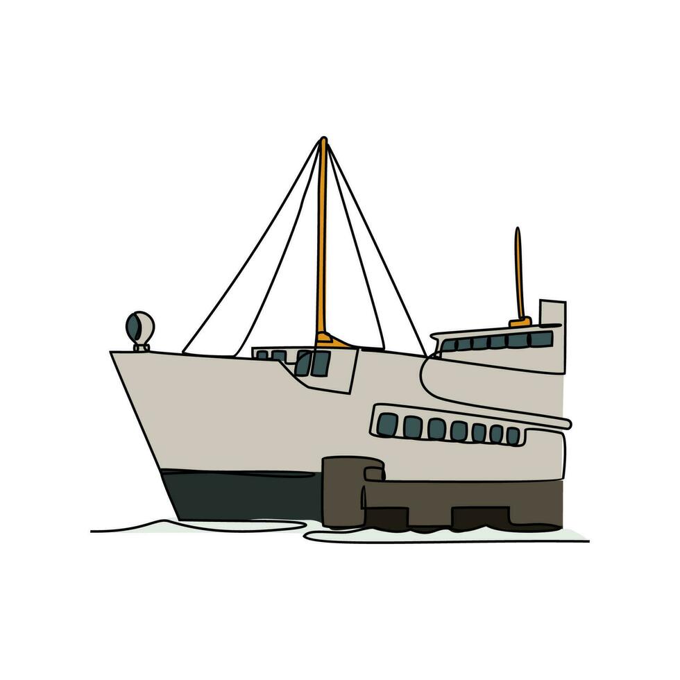 uno continuo línea dibujo de vehículo entra a el barco. mar vehículo en sencillo lineal estilo. transporte diseño concepto vector ilustración