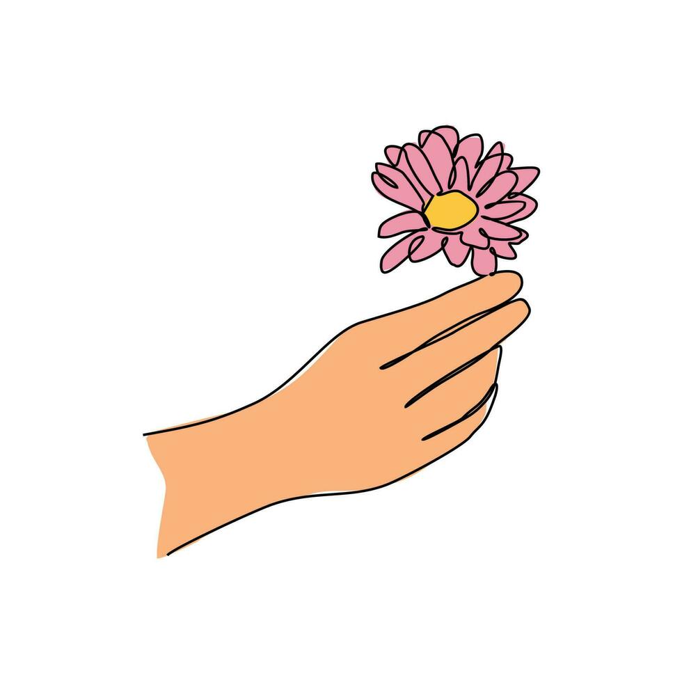 a hand is holding a beautiful flower on a white background in continuous line art drawing style. design with Minimalist black linear design isolated on white background. Plant Vector illustration