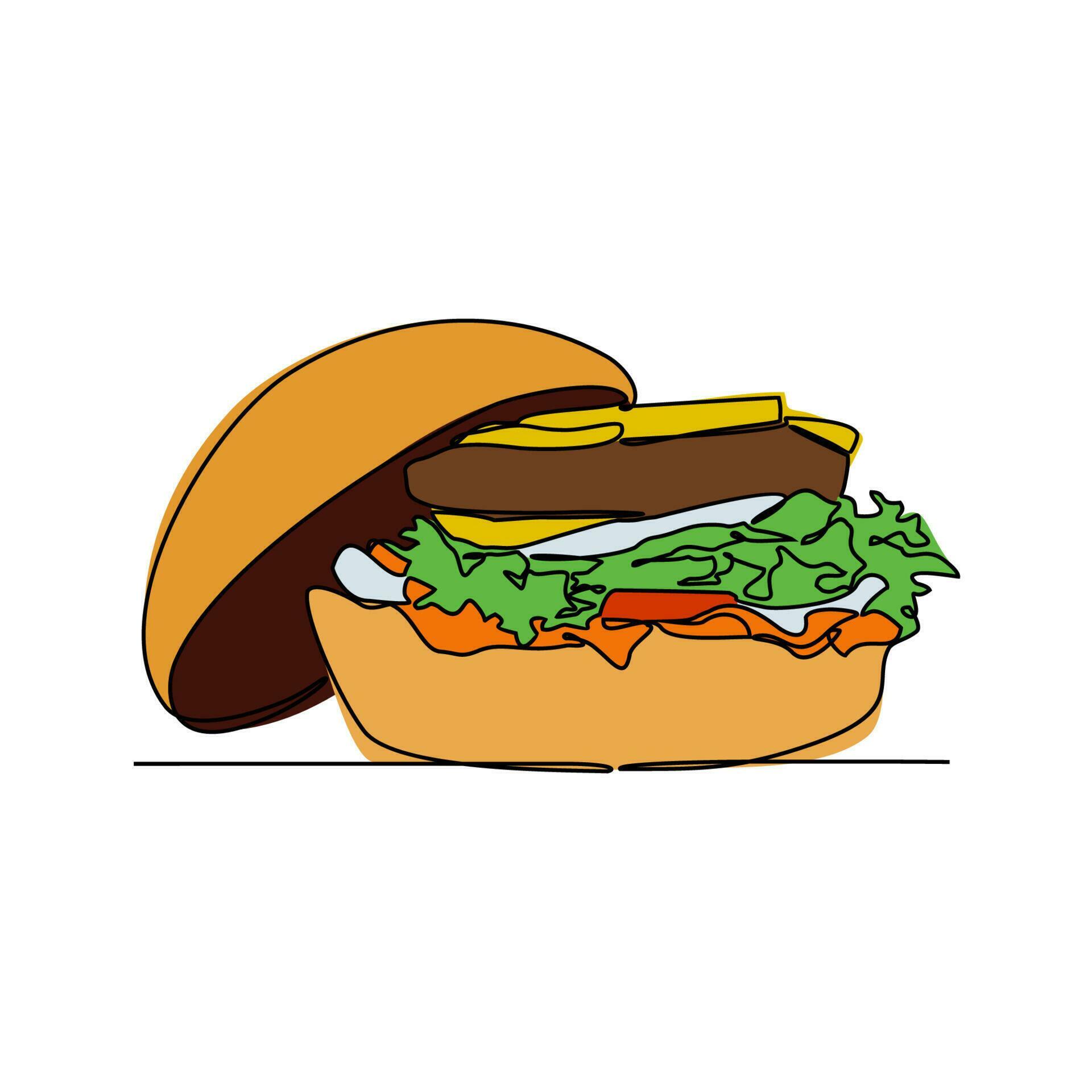 One continuous line drawing of a Burger. Food illustration in simple