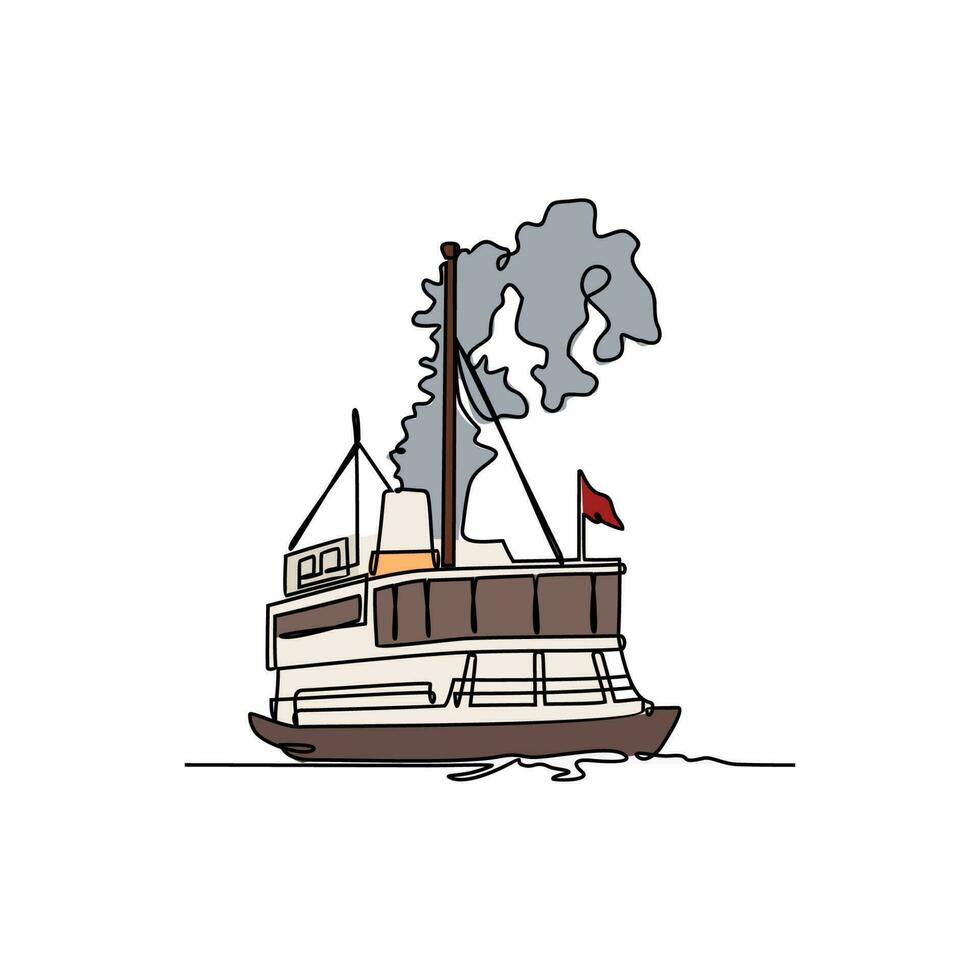 uno continuo línea dibujo de vehículo entra a el barco. mar vehículo en sencillo lineal estilo. transporte diseño concepto vector ilustración