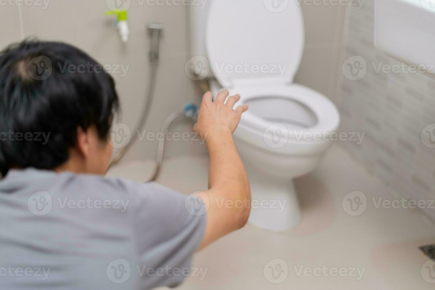 Constipation and diarrhea in bathroom. Hurt man touch belly  stomach ache painful. colon inflammation problem, toxic food, abdominal pain, abdomen, constipated in toilet, stomachache, Hygiene photo