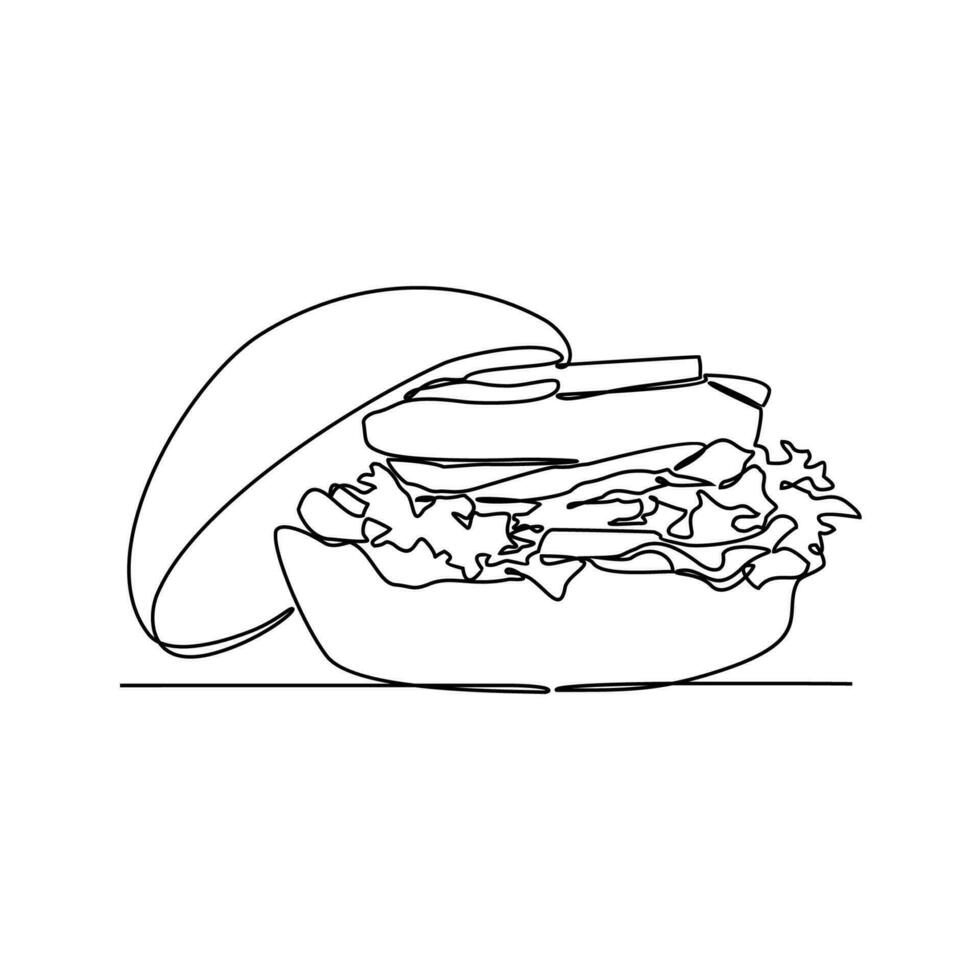 One continuous line drawing of a Burger. Food illustration in simple linear style. Food design concept vector illustration
