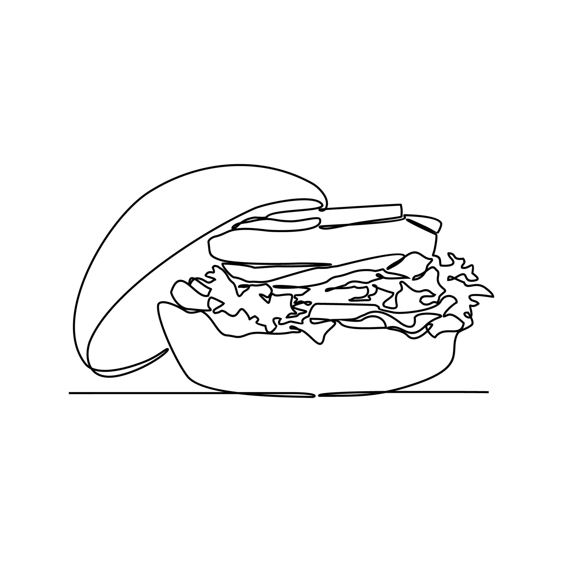 One continuous line drawing of a Burger. Food illustration in simple