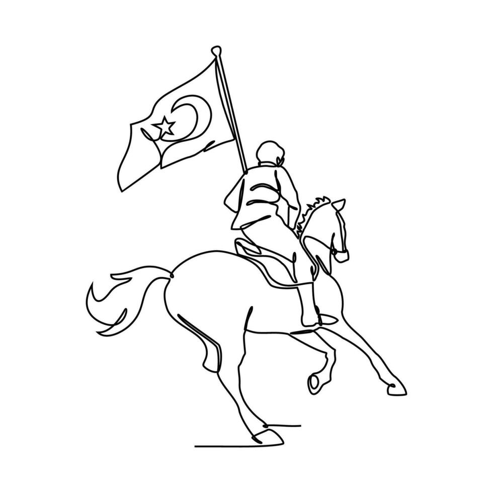 One continuous line drawing of a man holding a Turkish flag while riding a horse. Turkey patriotic in simple linear style. Turkey patriotic design concept vector illustration