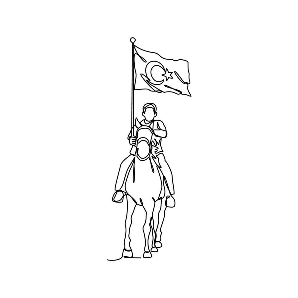 One continuous line drawing of a man holding a Turkish flag while riding a horse. Turkey patriotic in simple linear style. Turkey patriotic design concept vector illustration