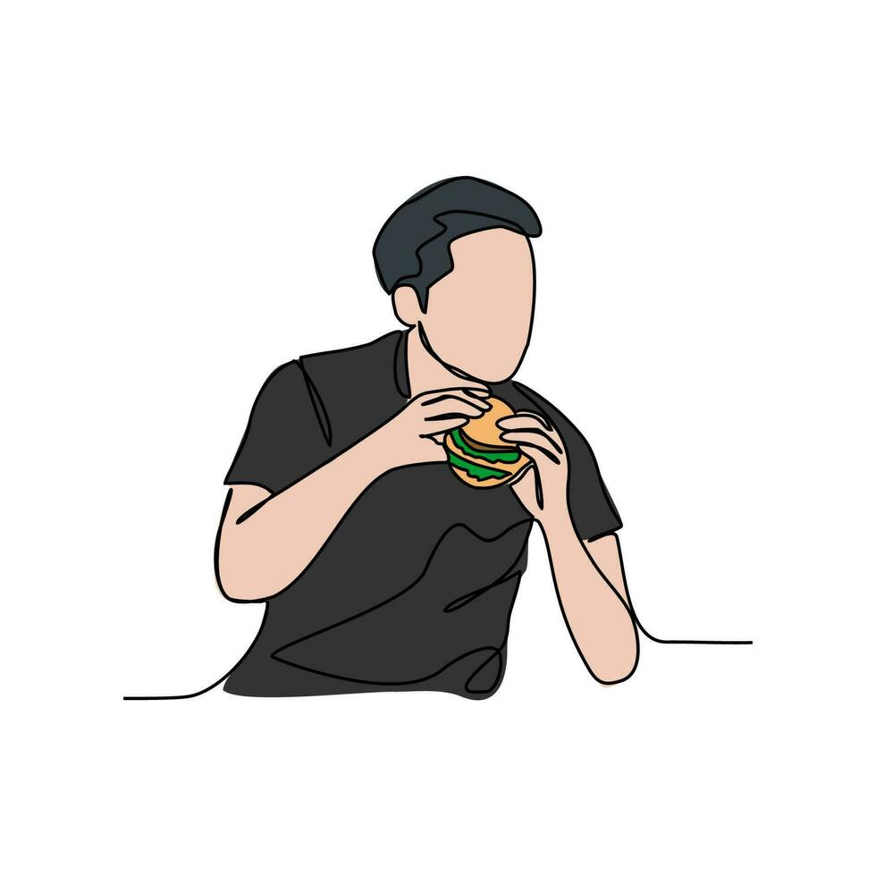 uno continuo línea dibujo de un personas comiendo un hamburguesa. comida ilustración en sencillo lineal estilo. comida diseño concepto vector ilustración