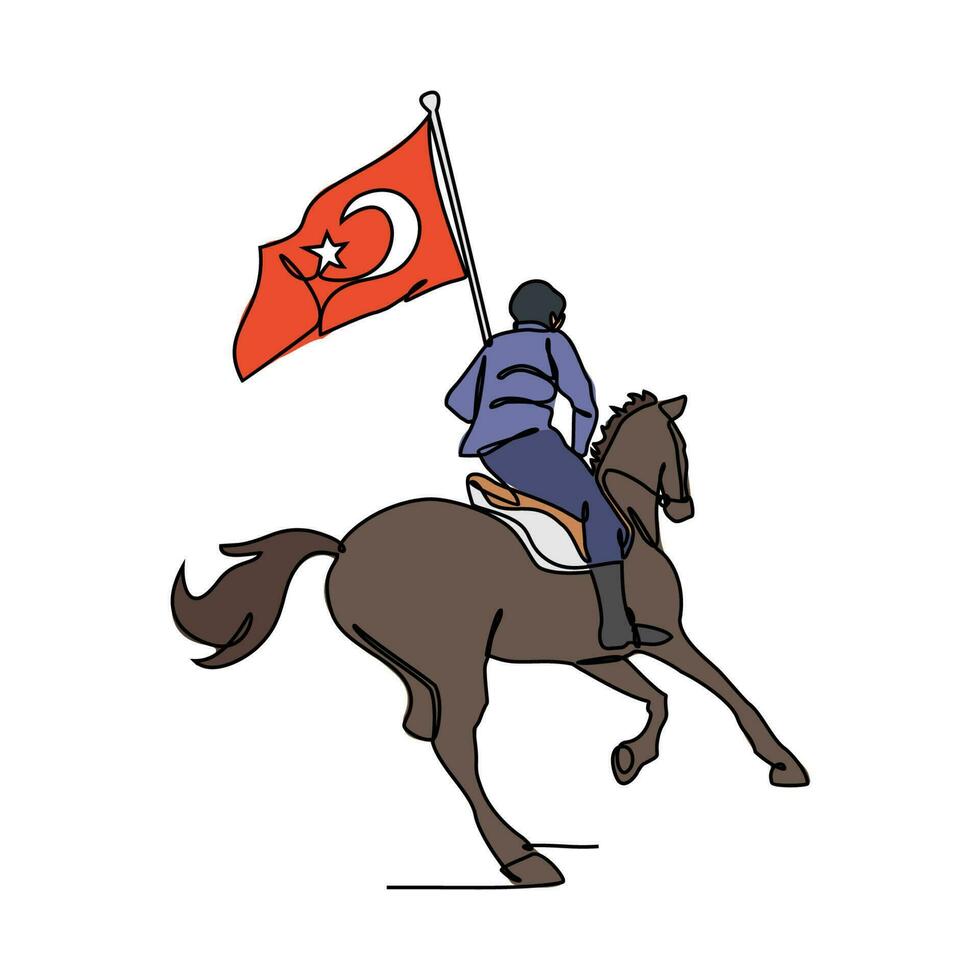 uno continuo línea dibujo de un hombre participación un turco bandera mientras montando un caballo. Turquía patriótico en sencillo lineal estilo. Turquía patriótico diseño concepto vector ilustración