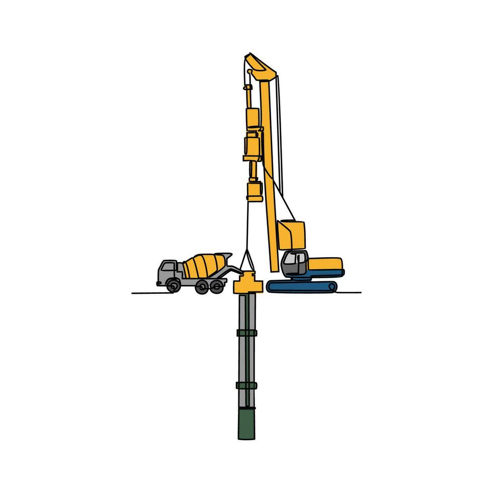 One continuous line drawing of bore pile machine in the site project . Construction Project design concept with simple linear style. Construction Project vector design illustration concept.