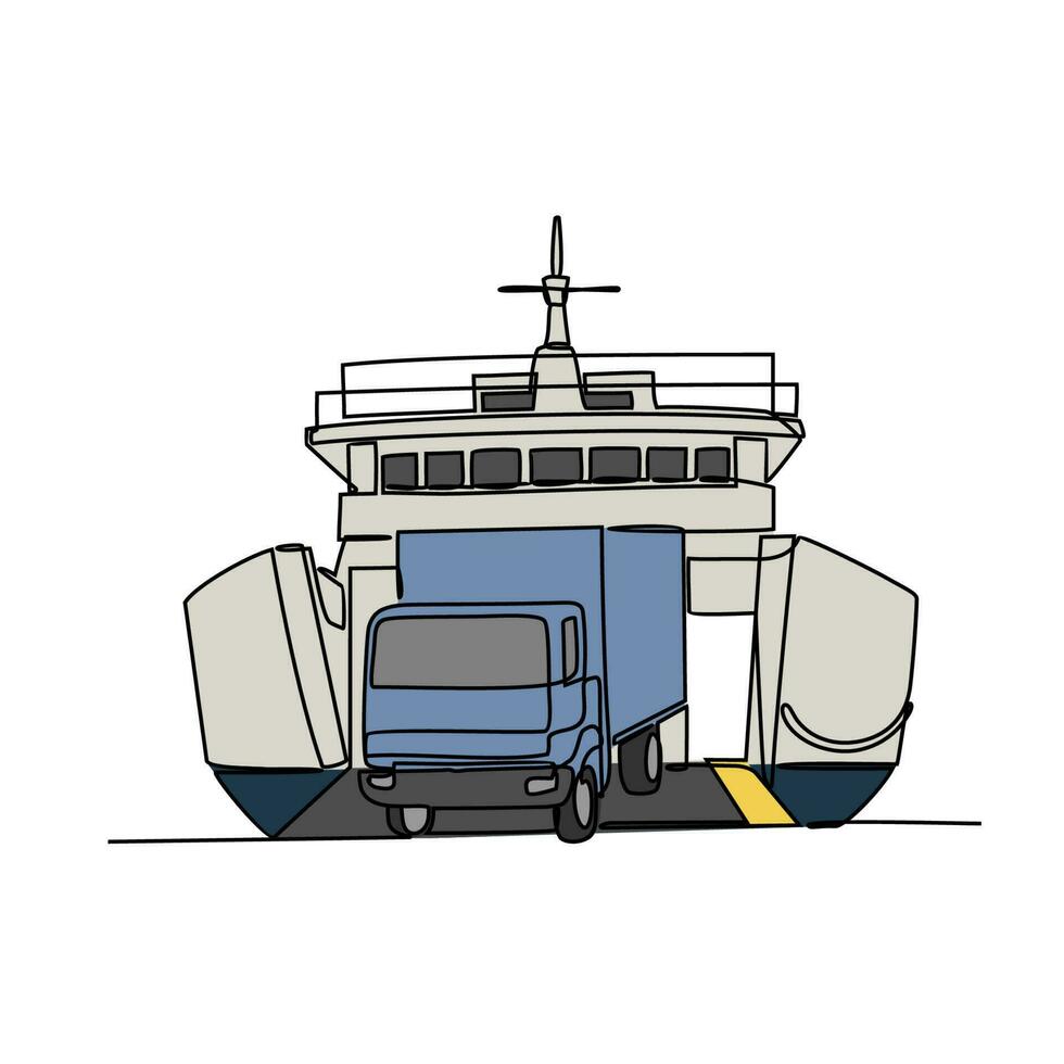 uno continuo línea dibujo de vehículo entra a el barco. mar vehículo en sencillo lineal estilo. transporte diseño concepto vector ilustración