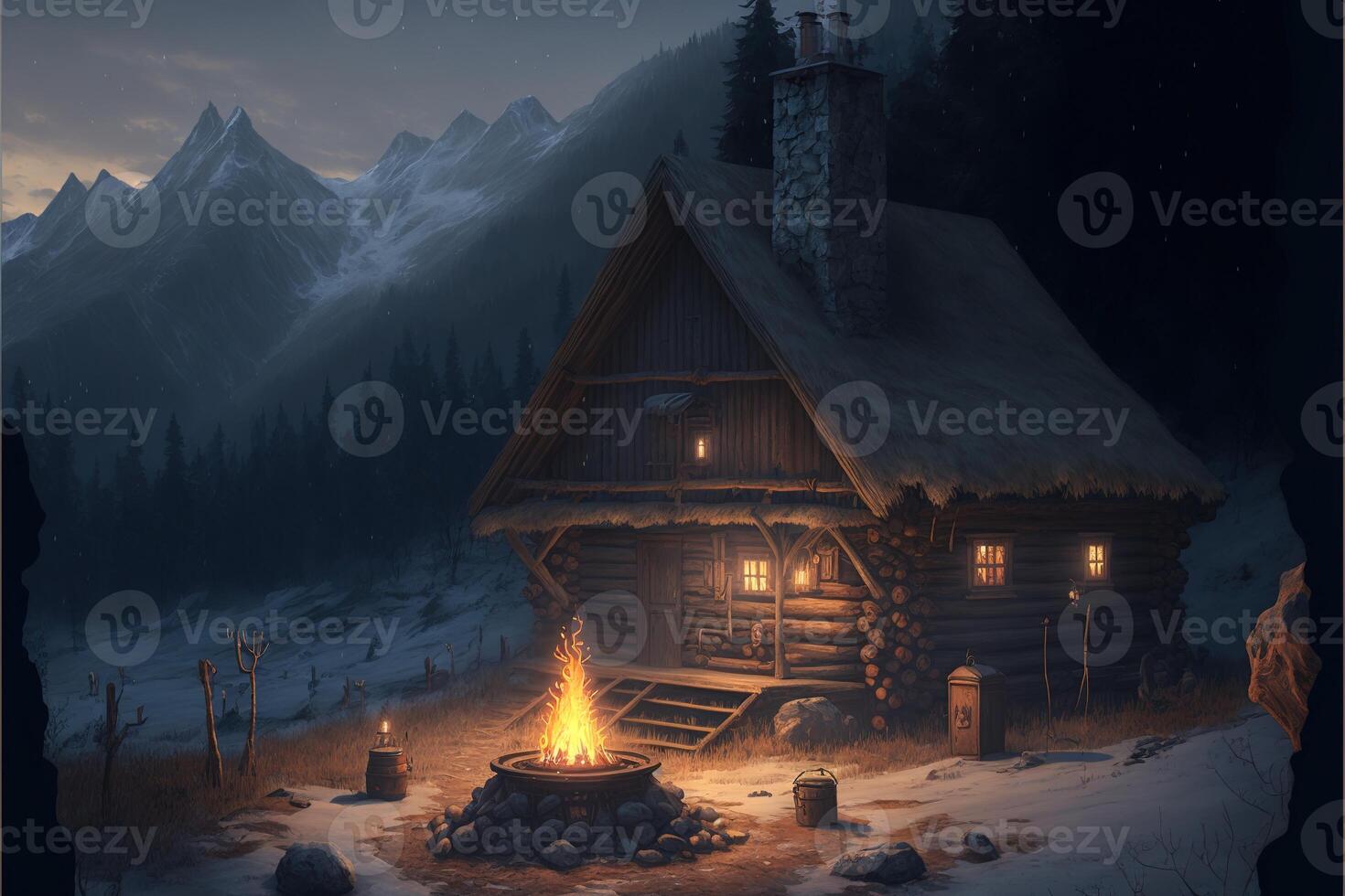 mountains wooden house old well hut bonfire woodcutter Carpathians by photo