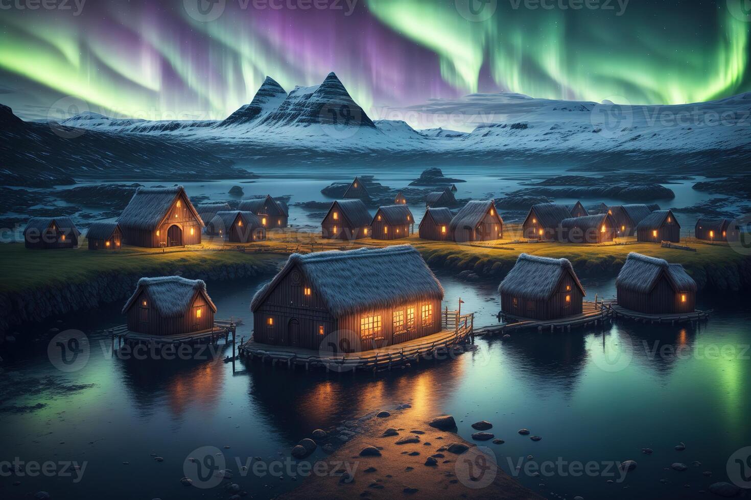 Viking houses in a viking landscape by water with northern lights in