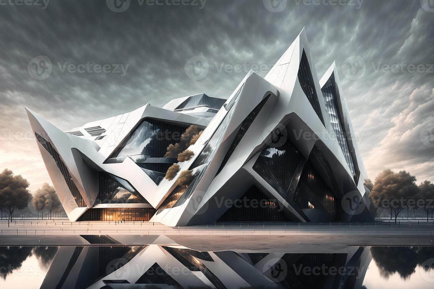 a futuristic building with black facade and sharp edges by photo