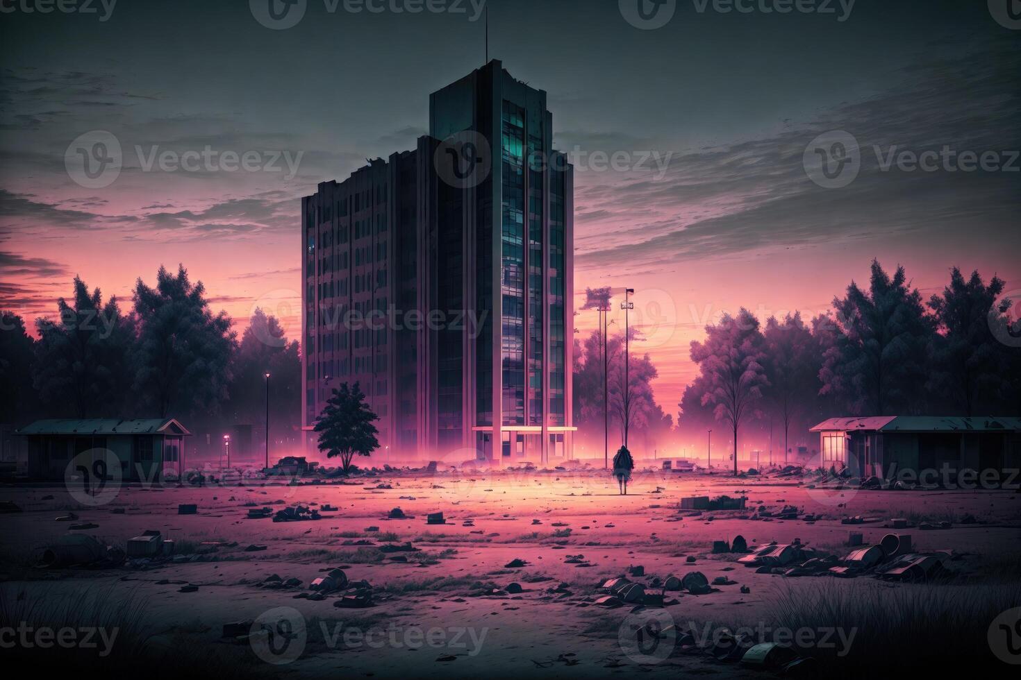 a scary nightview of an post zombie apocalyptic university campus enterence by photo