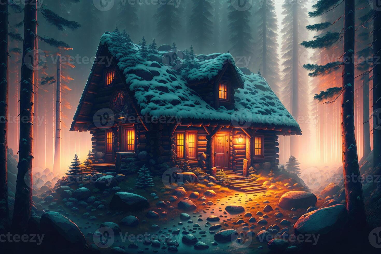 a cabin in the woods with a light on at the end of the night in the foggy forest by photo