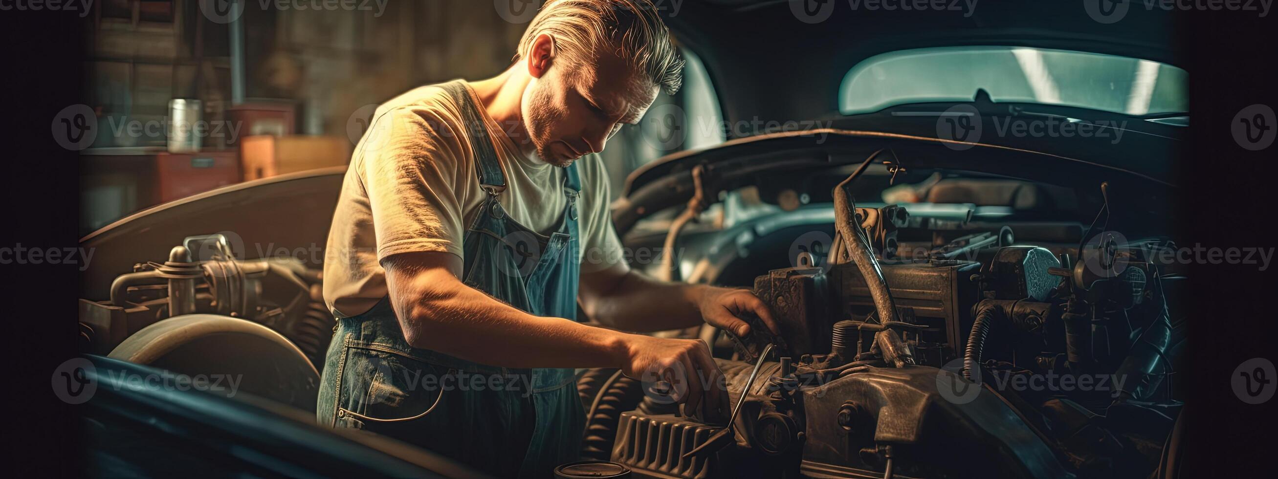 auto mecánico trabajando en coche roto motor en garaje o reparar servicio, auténtico de cerca disparo. creado por generativo ai tecnología. foto