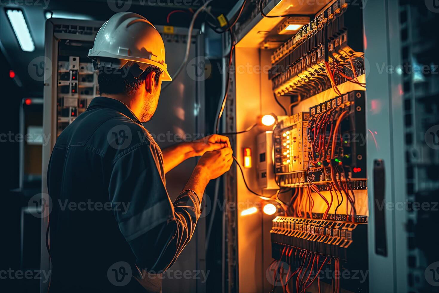 Electrician Engineer Checking Electric Current Voltage at Circuit Breaker and Cable Wiring System, Concept of Electrical Maintenance Service. . photo