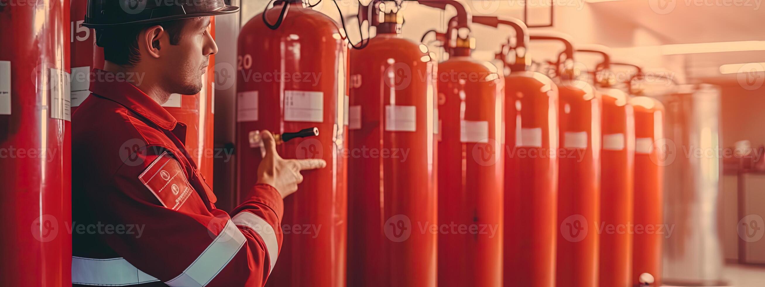 fotogénico imagen de ingeniero hombre comprobación y inspeccionando fuego extintor en poder planta, generativo ai tecnología. foto