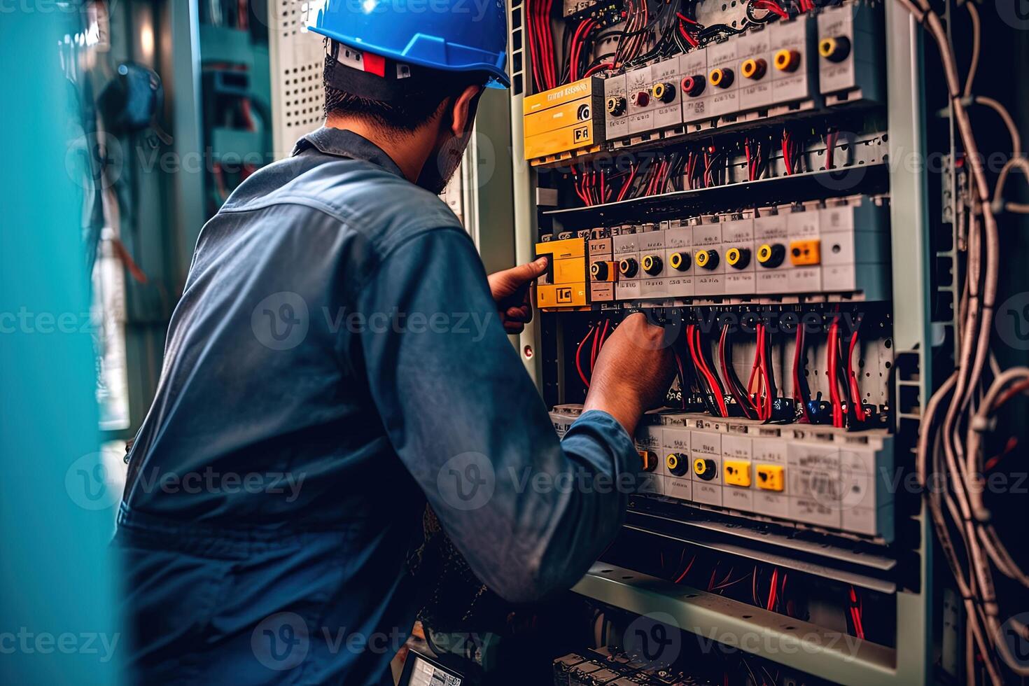 electricista ingeniero comprobación eléctrico Actual voltaje a circuito interruptor automático y cable alambrado sistema, concepto de eléctrico mantenimiento servicio. generativo ai. foto