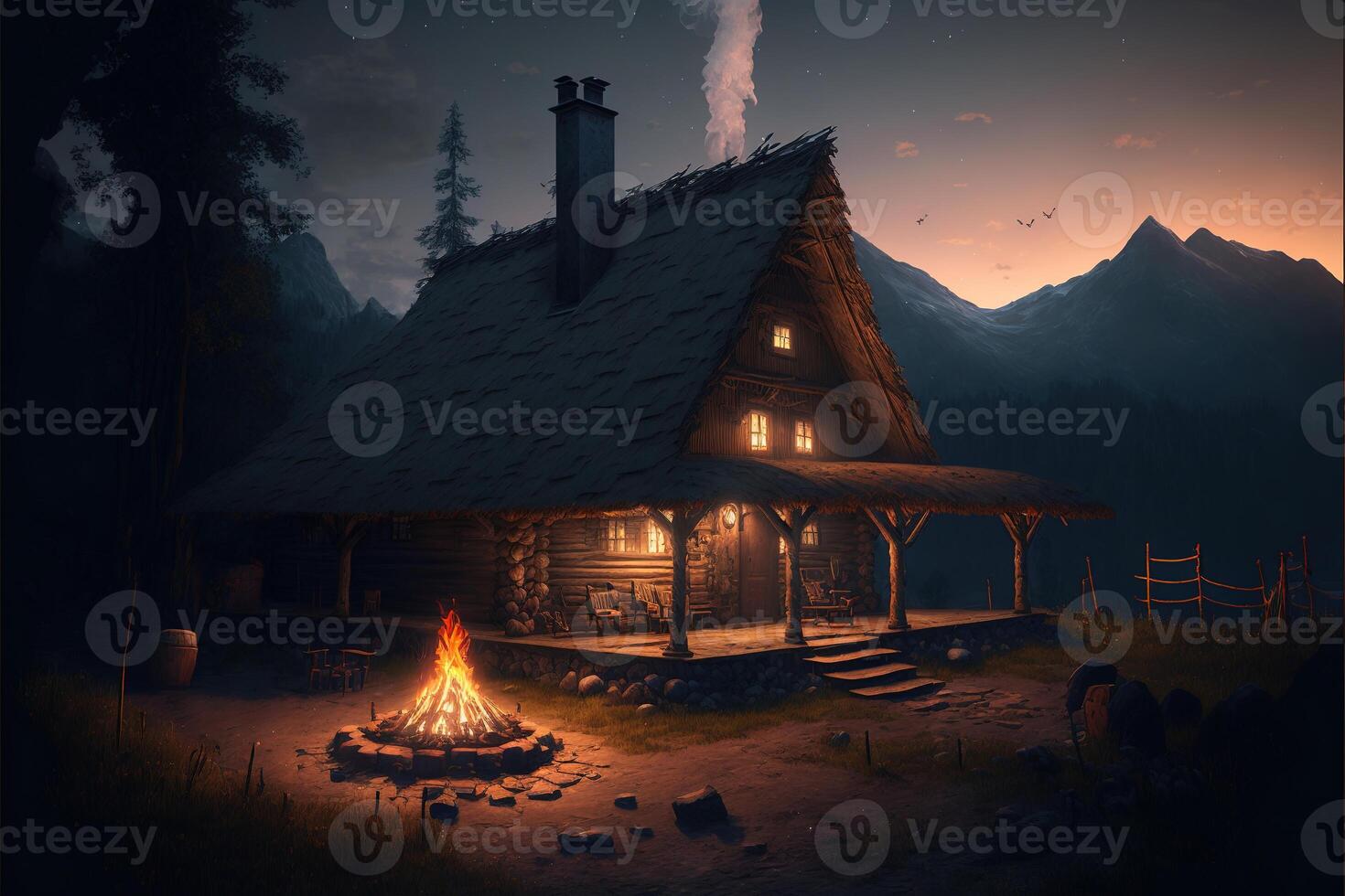 mountains wooden house old well hut bonfire woodcutter Carpathians by photo