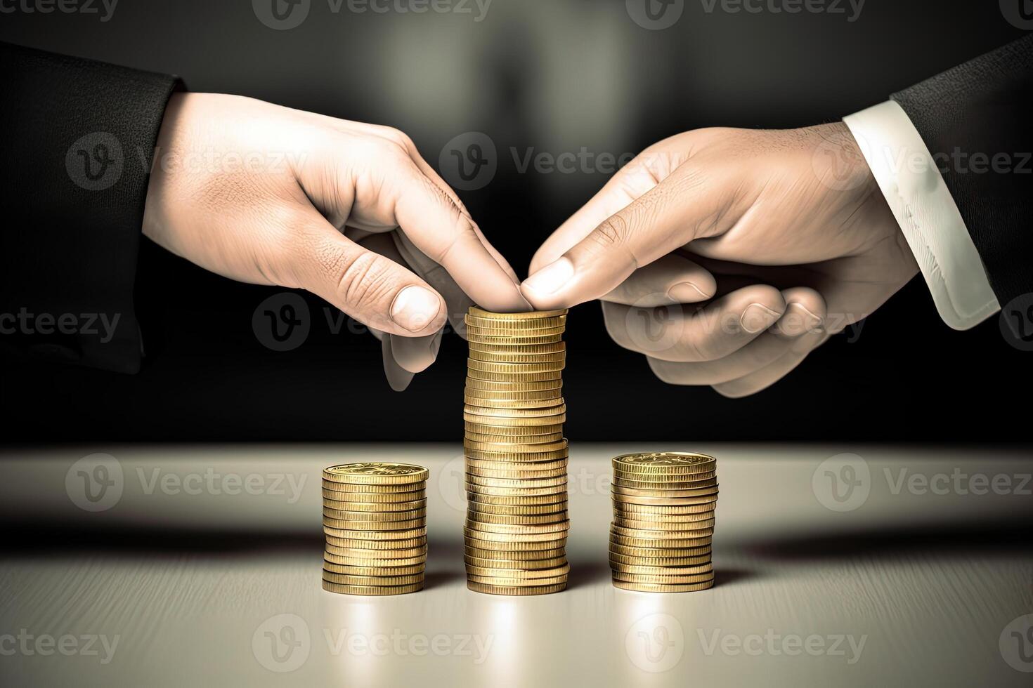 Closeup Hands of Businessmen Touching Stack of Gold Coins Stack, Represent Money Saving or Financial Planning Idea for Economy. . photo