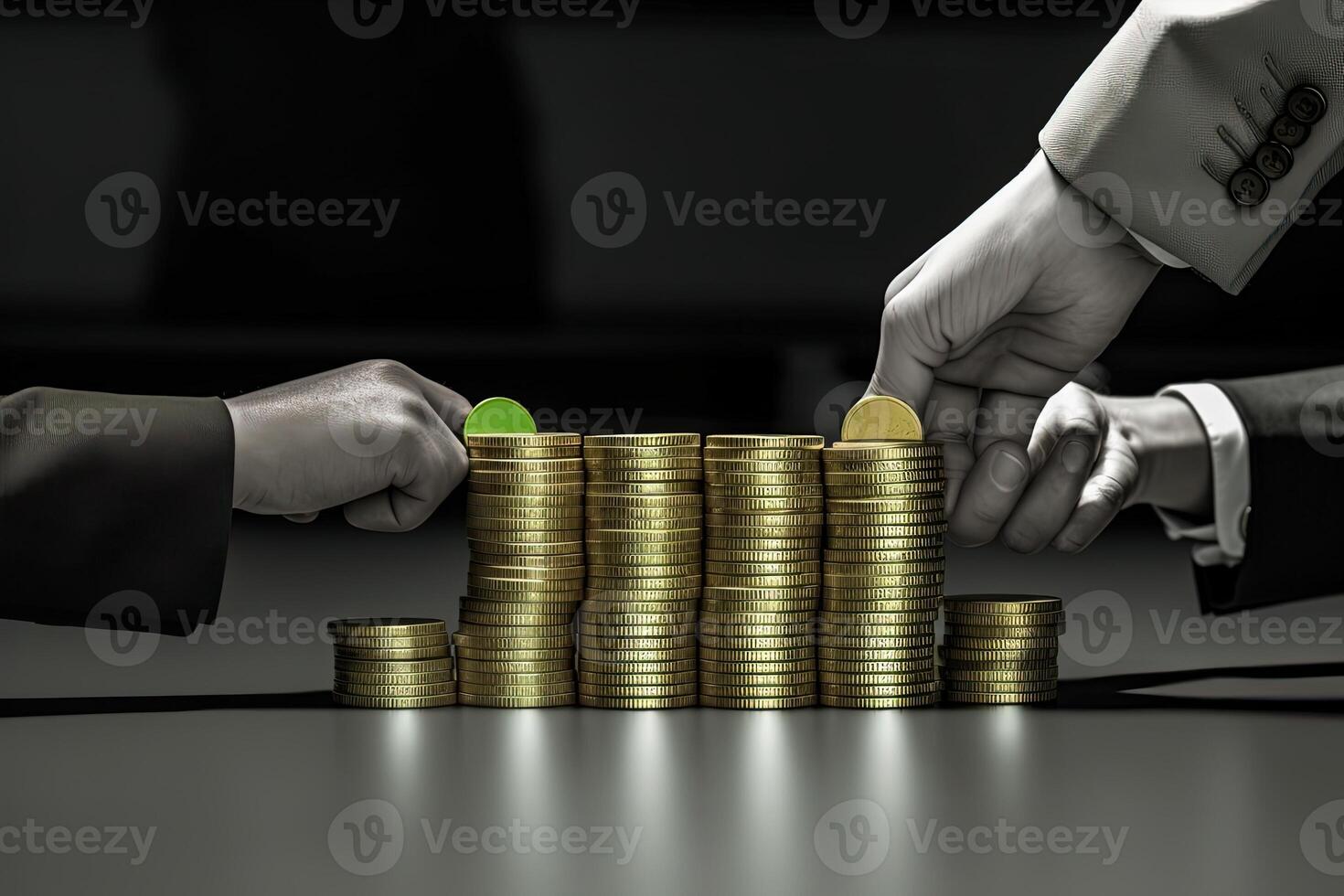 Closeup Hands of Business People Managing Golden Coins Stacked, Concept of Save Money, Business and Financial. . photo