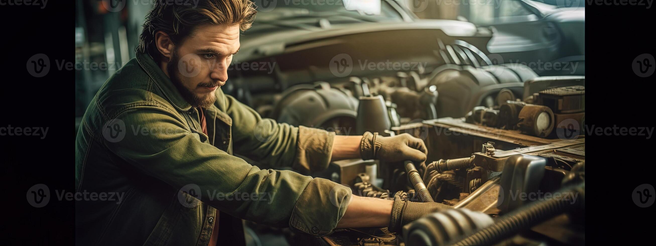 auto mecánico trabajando en coche roto motor en garaje o reparar servicio, auténtico de cerca disparo. creado por generativo ai tecnología. foto