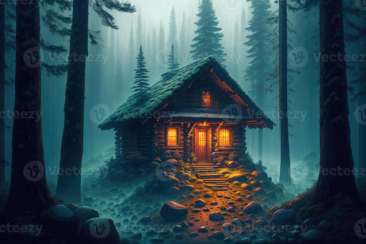 a cabin in the woods with a light on at the end of the night in the foggy forest by photo