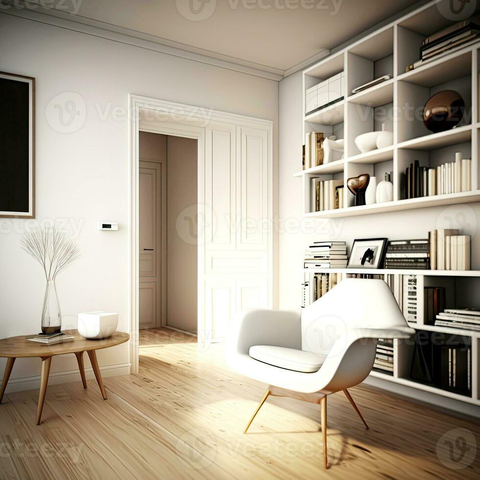 moderno contemporáneo lujo interior diseño, un combinación de blanco pared  color y de madera estante para libros, y cómodo silla. 3d representación de  el estudiar habitación o biblioteca. 24084035 Foto de stock