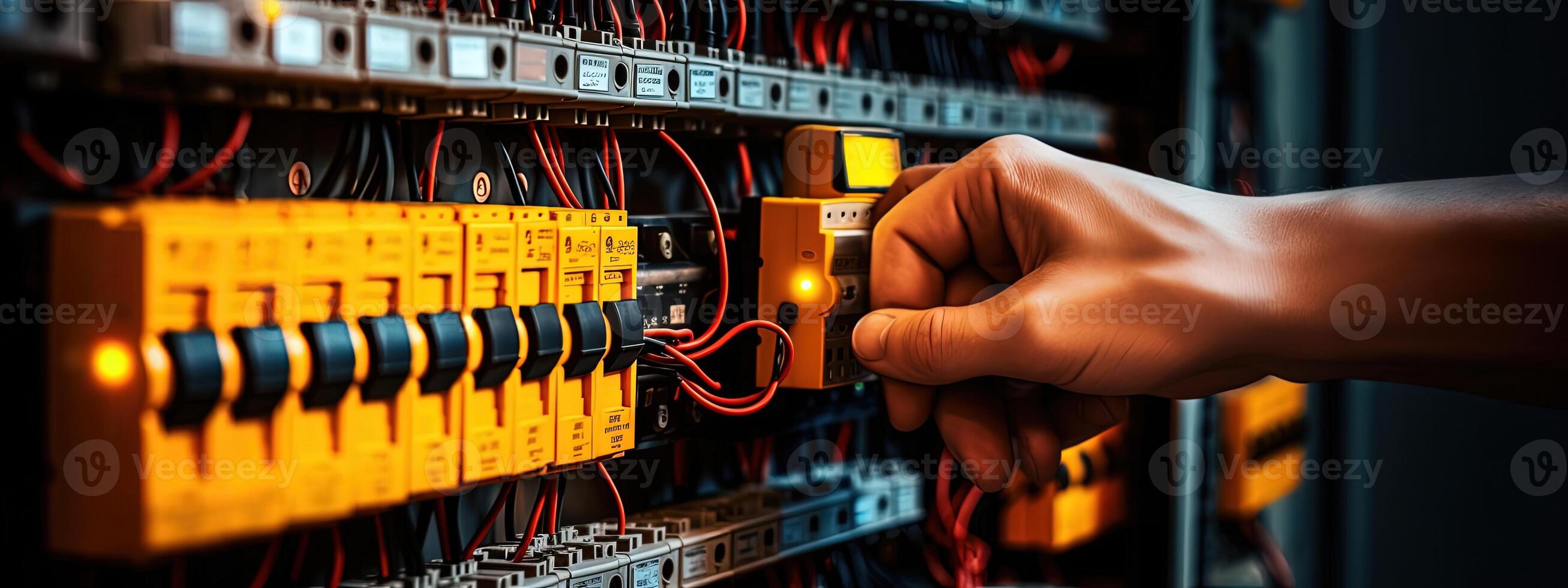 de cerca mano de un eléctrico ingeniero comprobación en controlar panel o automatización caja, concepto de electricidad mantenimiento servicio. creado por generativo ai tecnología. foto