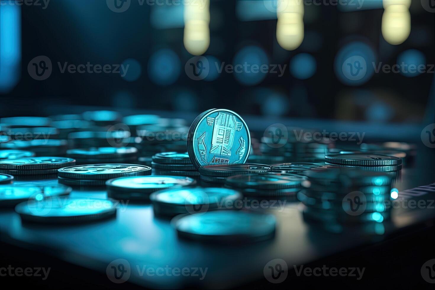 Background of Currency Coins Piles, Use as Financial of Technology Business Concept, Dark Blue Toned. . photo