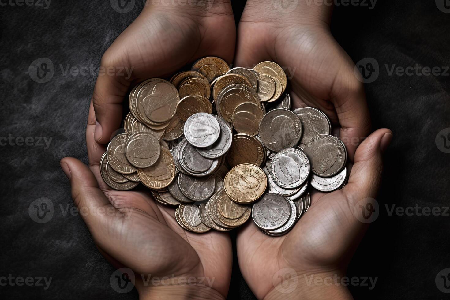 Top View Handful of Golden and Silver Coins in Palm of Two Person Hands on Dark Background, Save Money Concept. . photo