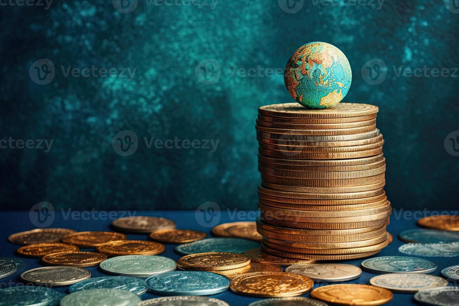 Global world Economy Concept with Earth Globe on Different Currency Coins at Shiny Teal Background. . photo