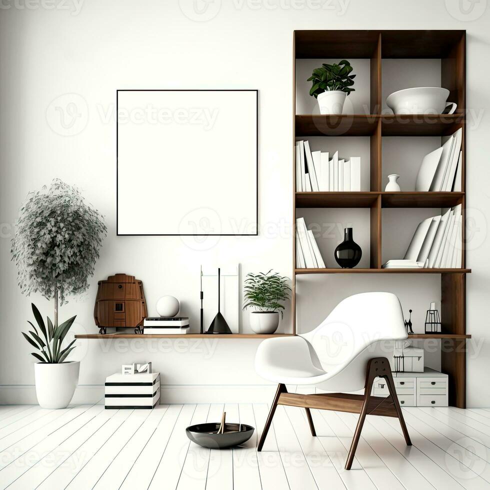 moderno contemporáneo lujo interior diseño, un combinación de blanco pared color, blanco póster y de madera estante para libros, y cómodo silla. 3d representación de el estudiar habitación o biblioteca. foto
