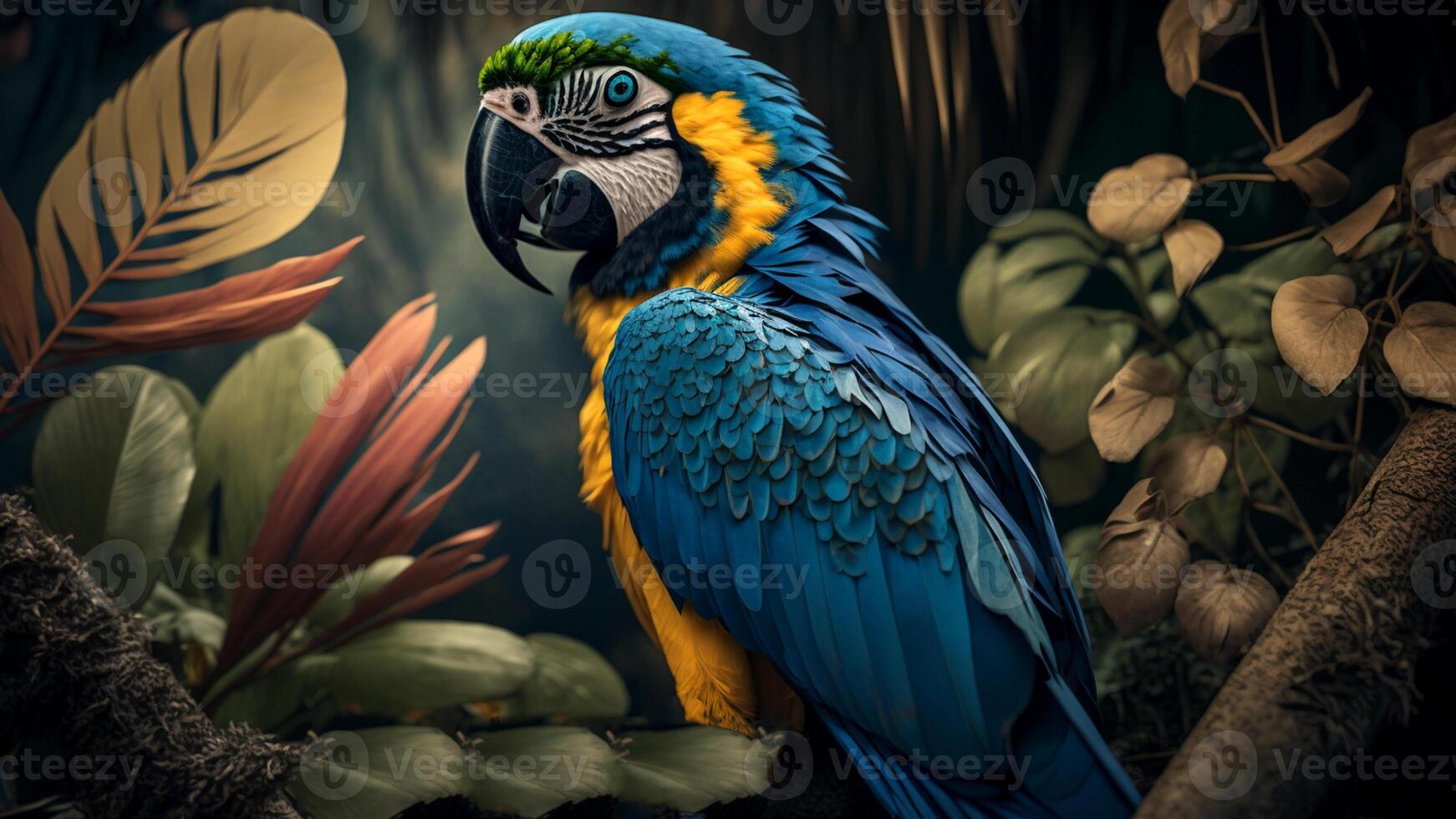 vistoso par de loros sentado en rama Entre hojas tropical selva , flores en el fondo, 3d representación increíblemente detallado. foto