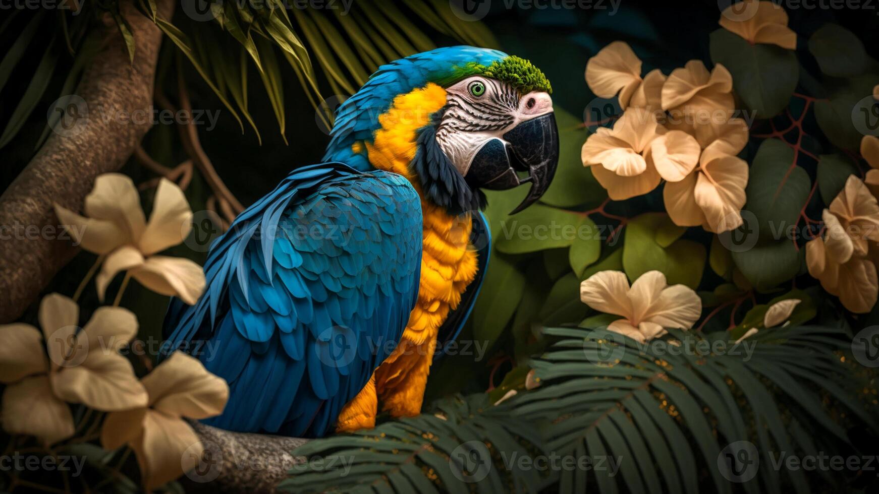 vistoso par de loros sentado en rama Entre hojas tropical selva , flores en el fondo, 3d representación increíblemente detallado. foto