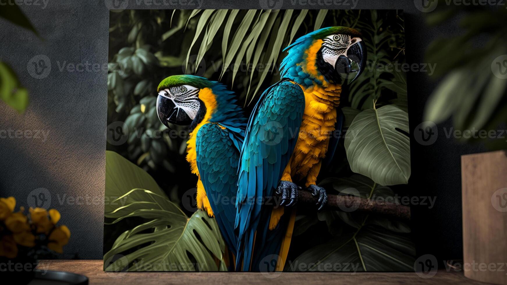 Colorful pair of parrots sitting on branch between leafs Tropical rainforest , flowers in the background, 3D rendering incredibly detailed. photo