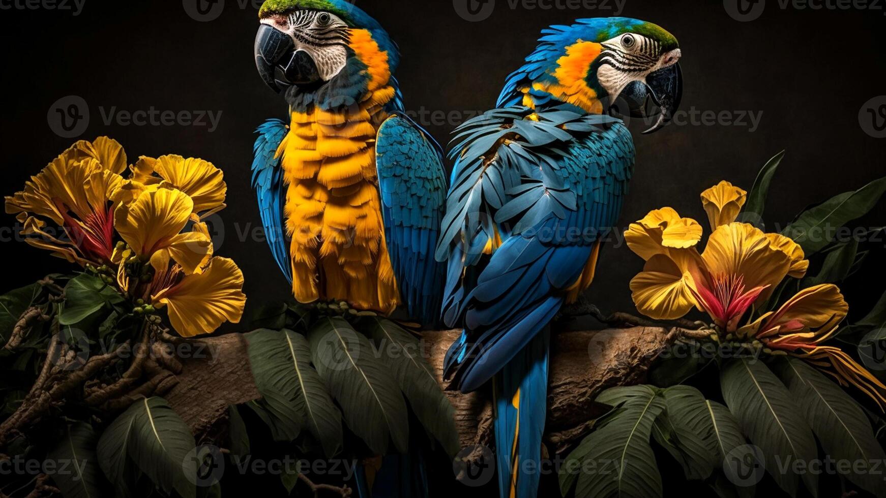 Colorful pair of parrots sitting on branch between leafs Tropical rainforest , flowers in the background, 3D rendering incredibly detailed. photo