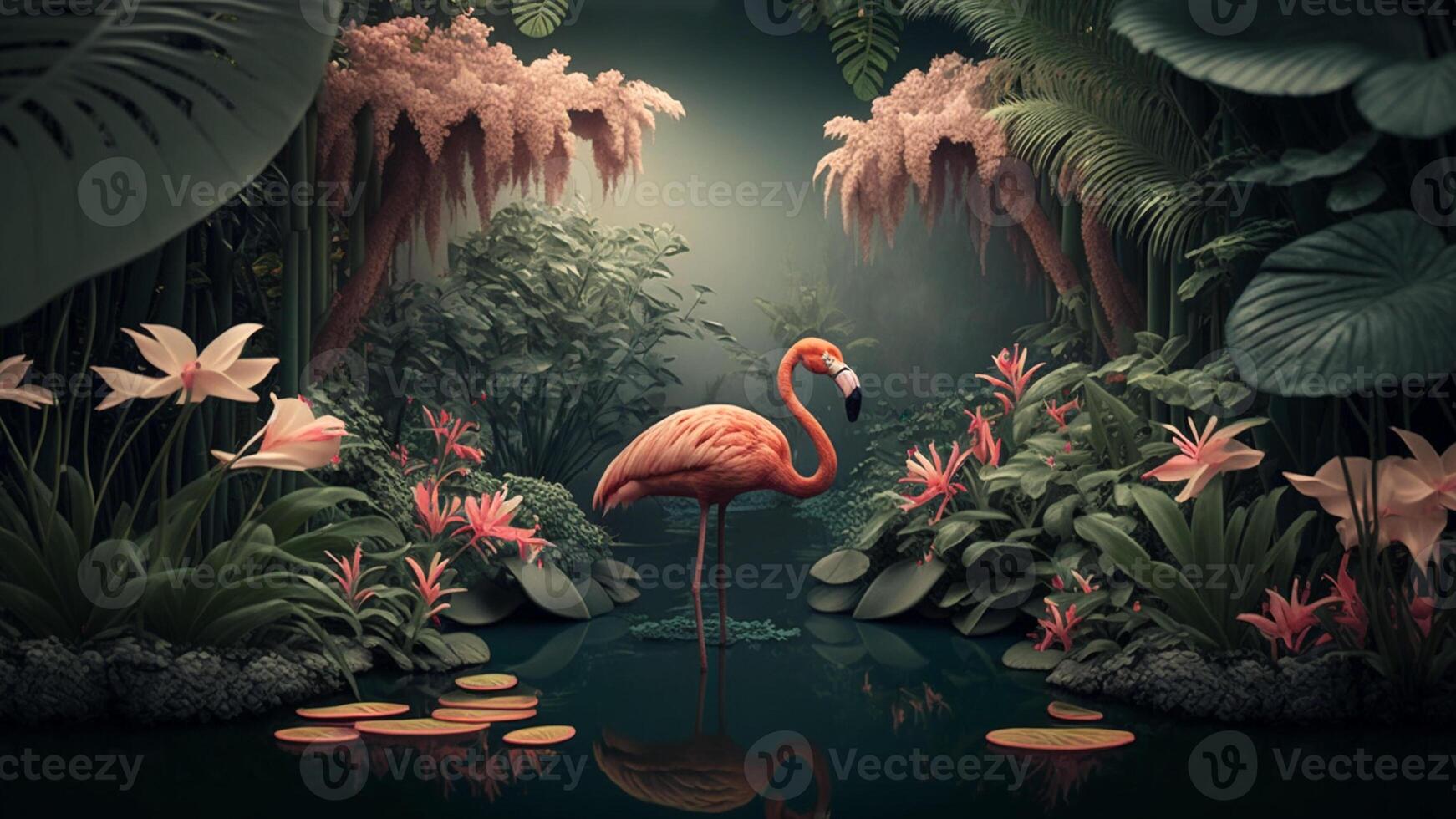 Flamingo beautifully captured in a colorful, floral-filled portrait, . photo