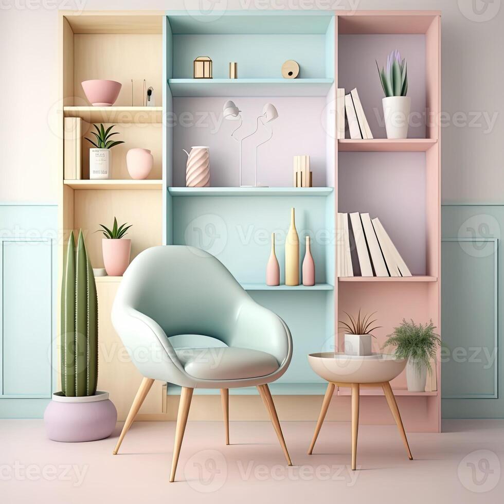 Modern contemporary luxury interior design, a combination of colourful wall color and wooden colourful bookshelf, and comfortable chair. Digital Illustration. photo