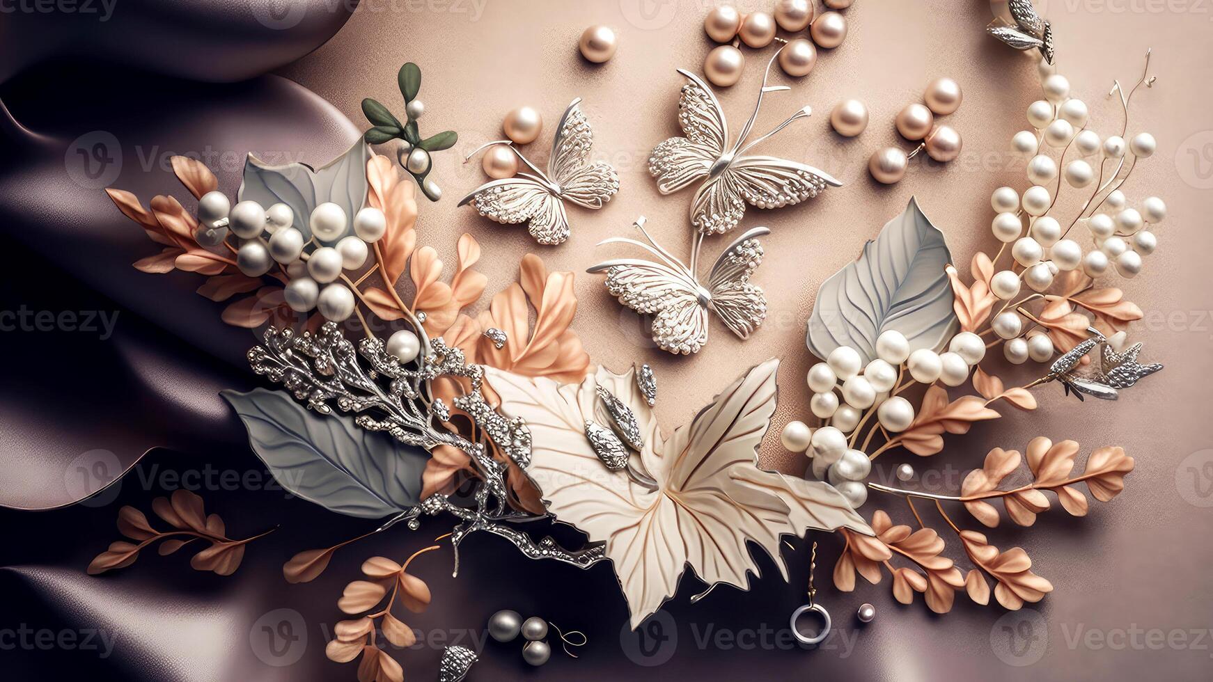 Top View 3D Wallpaper, Pearl Color Jewellery Flowers with Silver Color Branches with Colorful Butterflies Incredibly Detailed. AI-Generated, Digital Illustration. photo