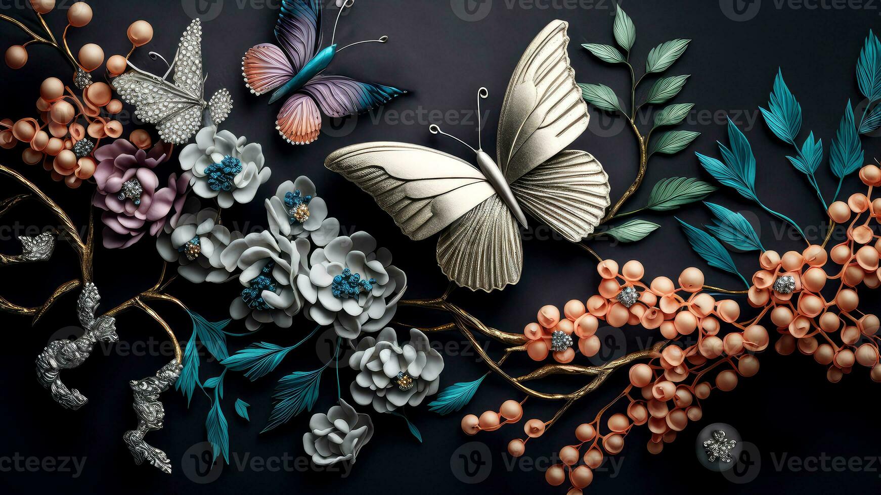 Luxury Top View 3d Wallpaper, Photography White Colour Jewellery, Colourful Flowers with Branches and Matellic Detailed Butterflies. AI-Generative, Digital Illustrations. photo