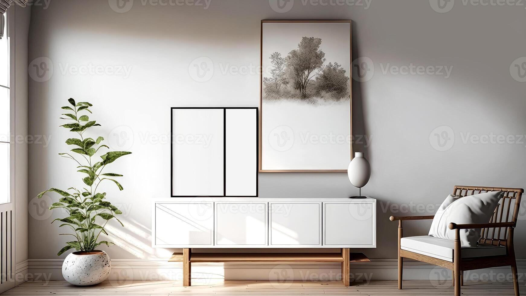 Decorated living room interior with wooden chair, white wooden cabinet, indoor plants, painting against white wall. A lot of lights coming through windows. Digital Illustrations. photo