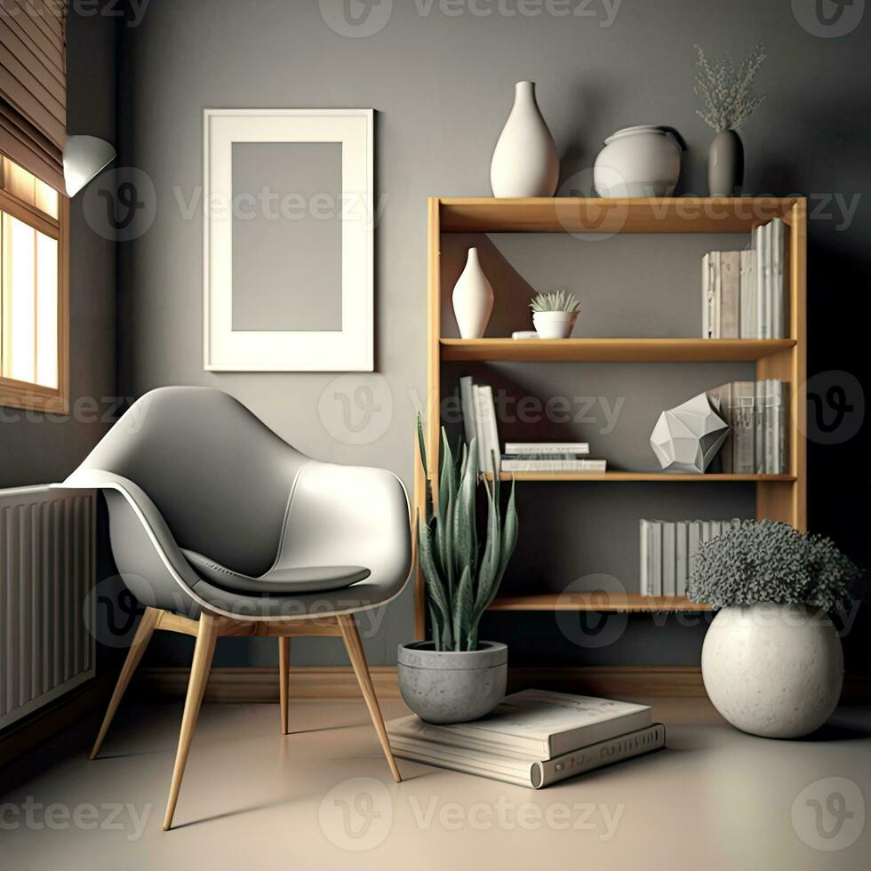 Modern contemporary luxury interior design, a combination of grey wall color and wooden bookshelf, and comfortable chair. 3d rendering of the study room or library. photo