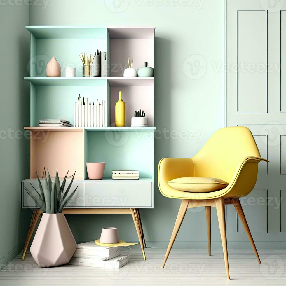 moderno contemporáneo lujo interior diseño, un combinación de pastel verde  pared color y de madera vistoso estante para libros, y cómodo silla. 3d  representación de el estudiar habitación o biblioteca. 24084431 Foto