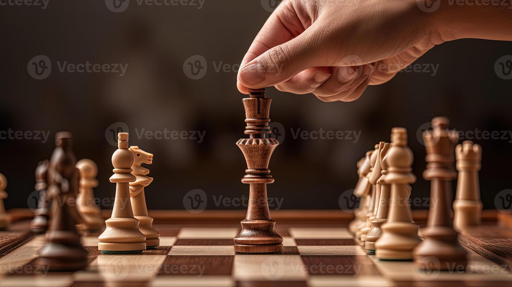Closeup Hand of Human Taking Next Step on Chess Game. Strategy, Management or Leadership Concept. Technology. photo