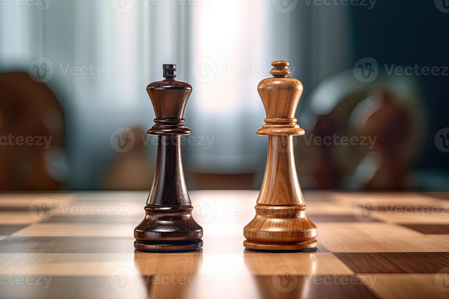 Impossible Situation - Two Chess Pieces of Kings Next To Each Other on Chessboard, Game Competition Challenge in Progress. Concept of Business and Strategy Ideas. . photo
