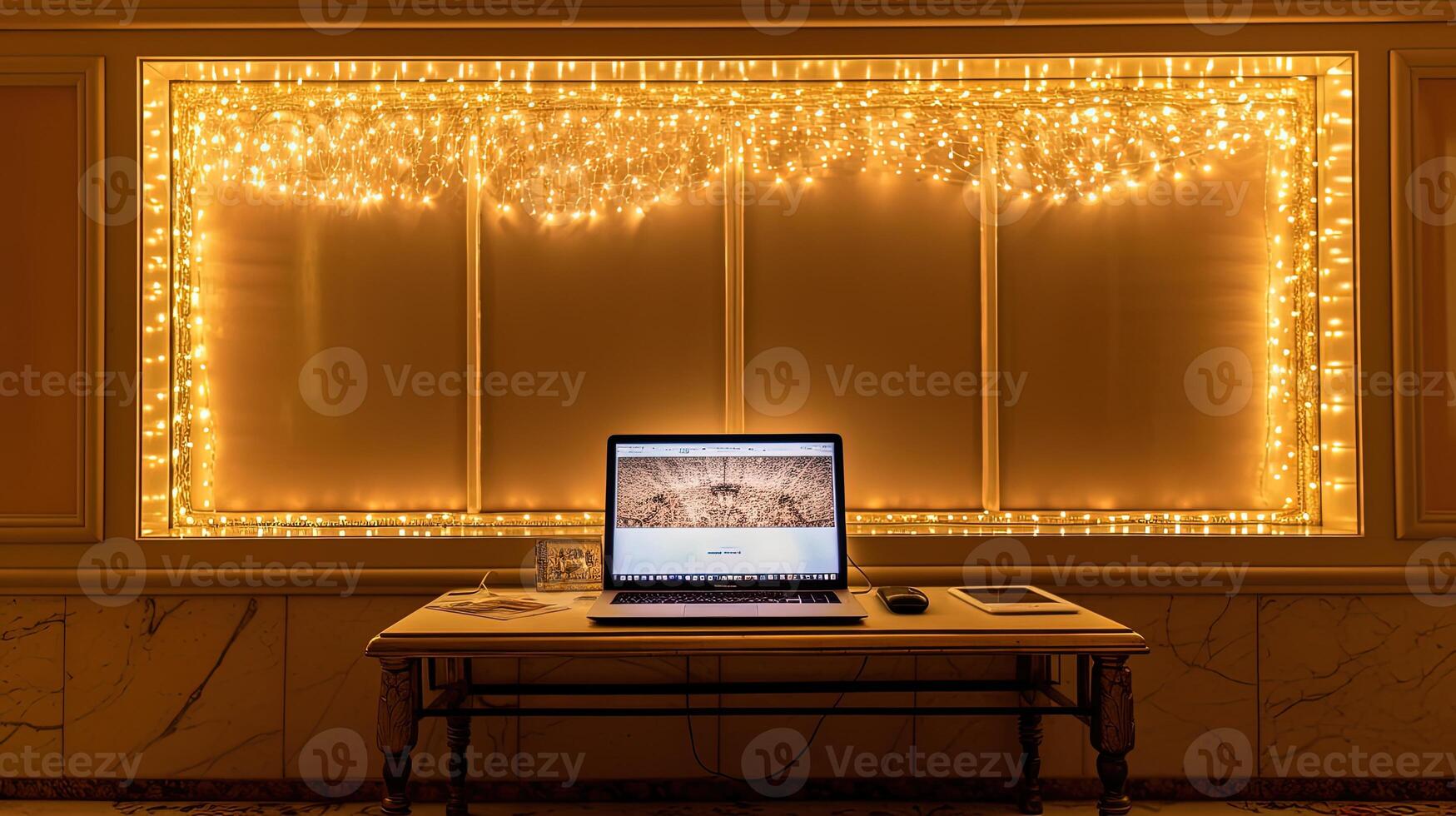A Laptop on Table at Golden Lighting Decorated Room for Diwali or Festival Celebration Prefect Design Technology. photo