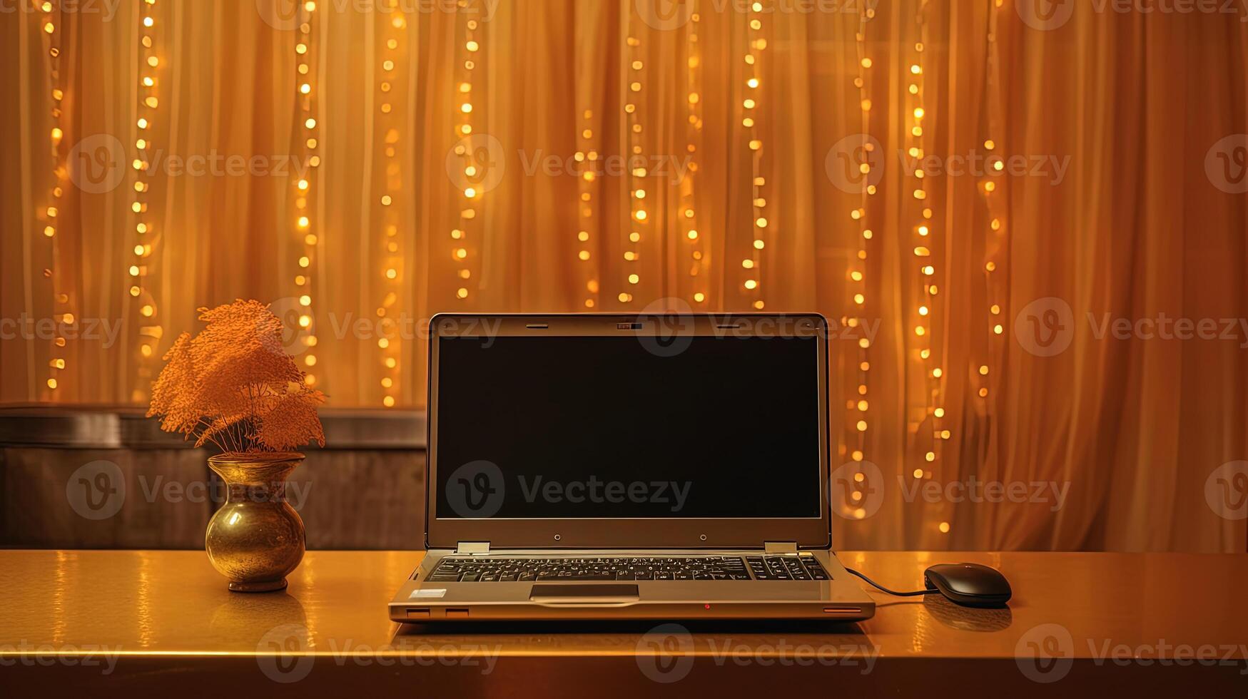 A Laptop Connected Mouse with Flower Pot on Table Top at Golden Lighting Decorated Room for Diwali or Wedding Celebration Prefect Design Technology. photo